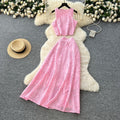French retro hollow-out crochet design set for women: sleeveless tank top + high-waisted elastic waist flared midi skirt
