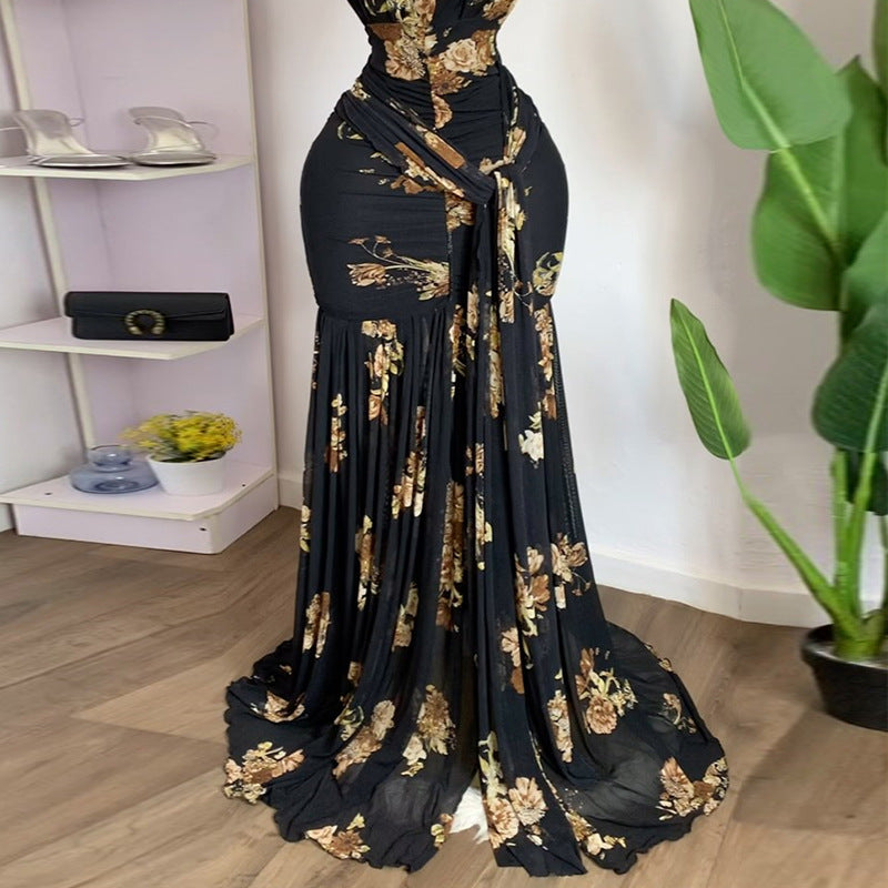 European and american cross-border women's fashion:  summer new arrival - elegant printed v-neck pleated sleeveless maxi dress
