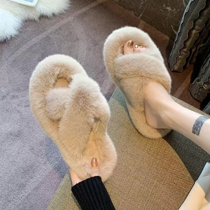 New arrival cross strap best selling fur slippers for women fall and winteroutwearplatform shoesthick soleheight increasing soft solefor homeoutwear cotton slippers