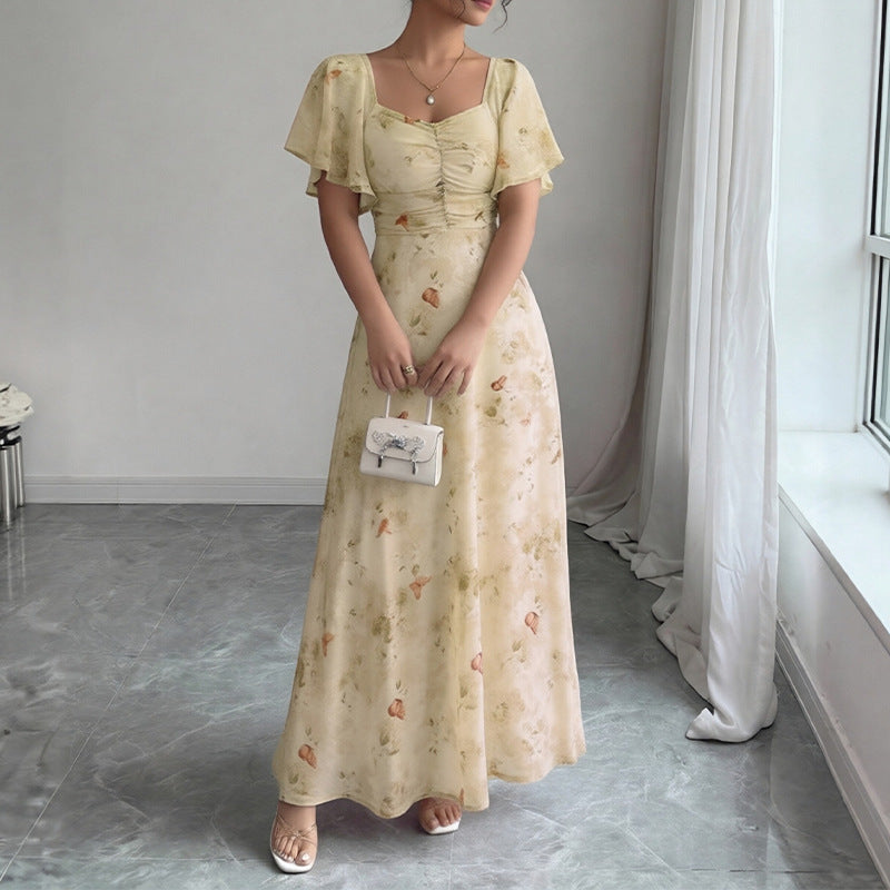 cross-border european and american women's clothing: new summer collection - elegant printed ruffle sleeve slim-fit dress, perfect for vacation