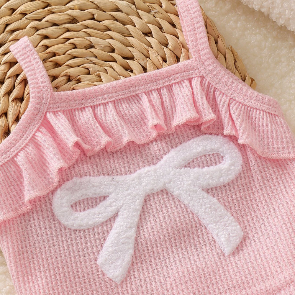 European and american style baby girl's cute suspender romper with bow and pink pants two-piece set