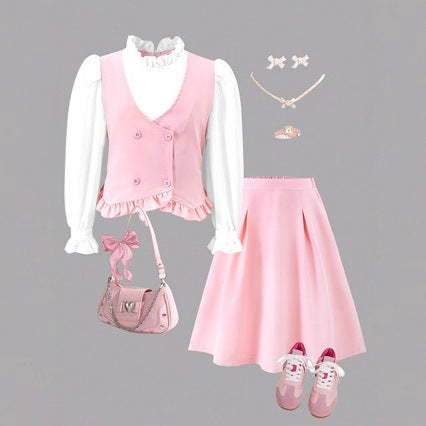 Girls' fashionable and elegant sweet ruffle design faux two-piece button-down shirt + matching skirt two-piece set