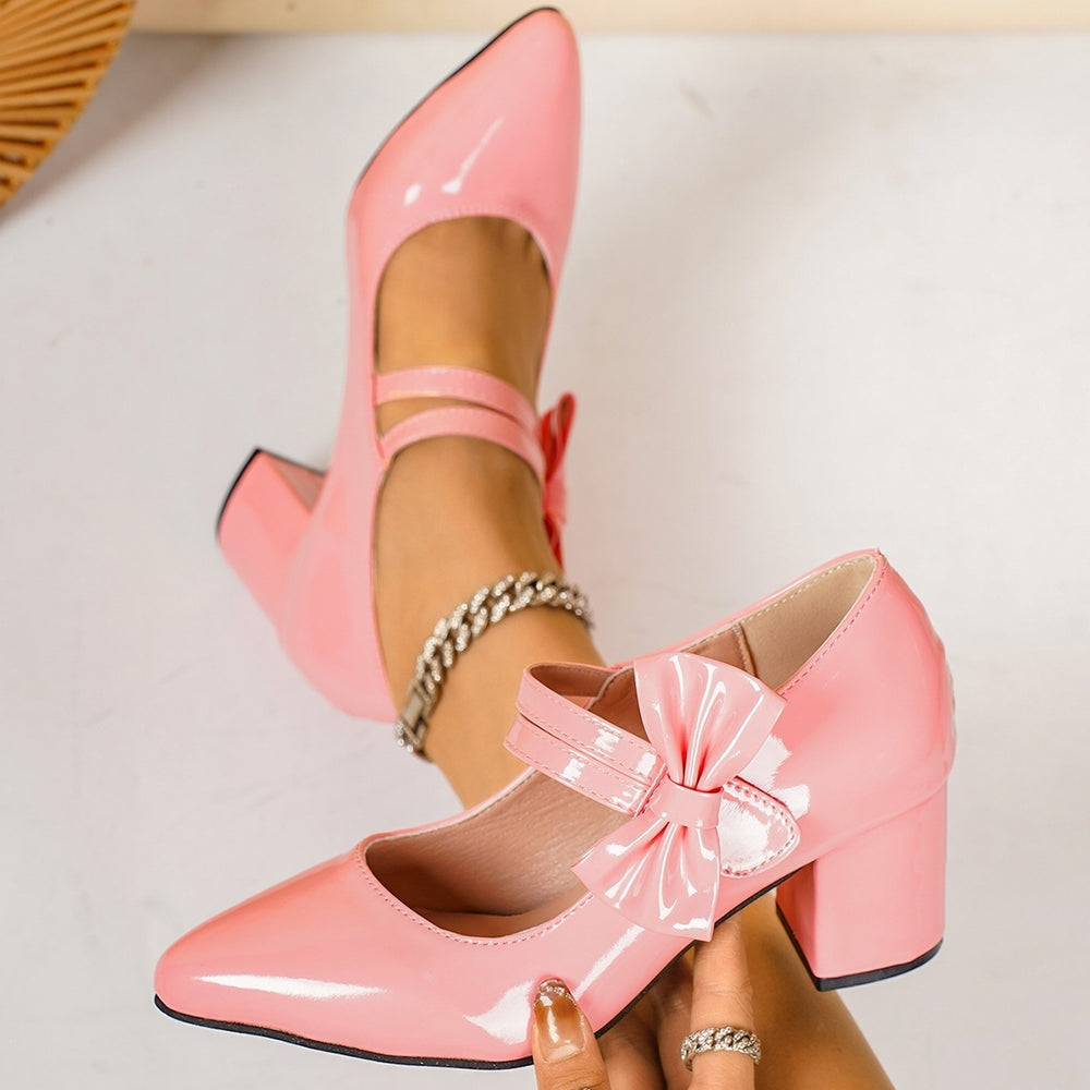 cross-border e-commerce plus size women's spring new collection single shoes - bowknot chunky heel fashion shoes wholesale