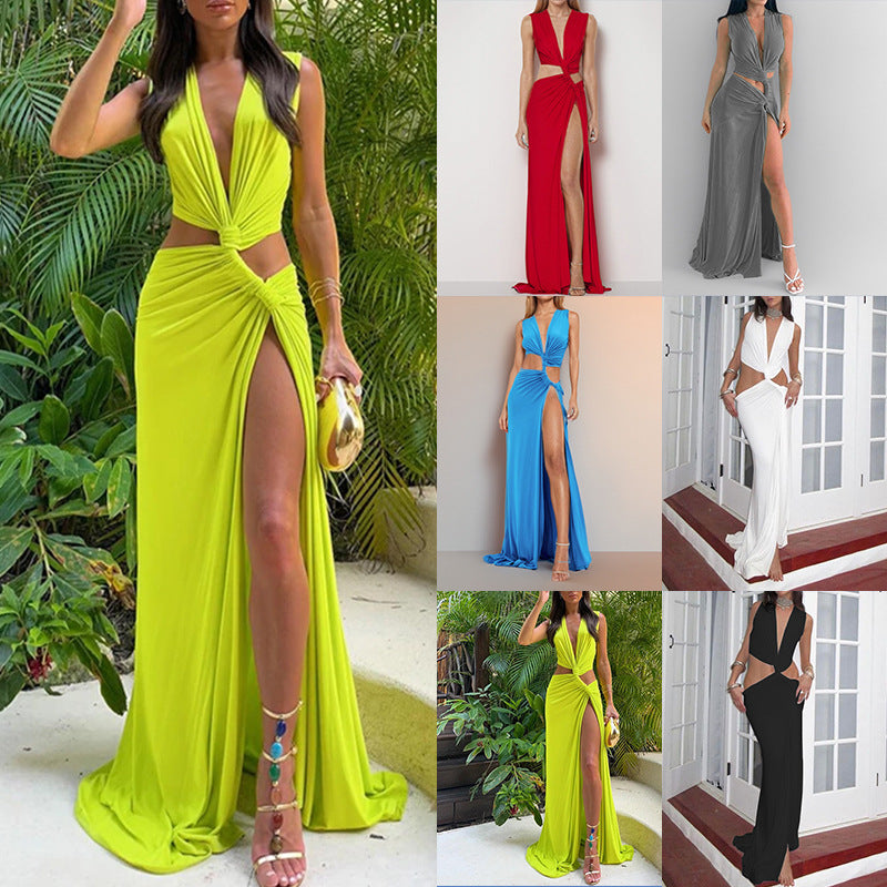 cross-border e-commerce women's fashion: european and american summer new arrivals - sexy solid color cutout knot slit v-neck dress