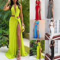 cross-border e-commerce women's fashion: european and american summer new arrivals - sexy solid color cutout knot slit v-neck dress