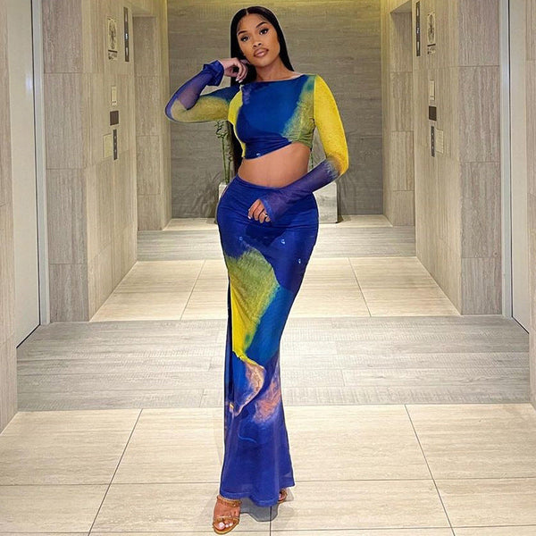 European and American style printed tight skirt set, flared sleeve pleated short top, high waist hip skirt, fashionable two-piece set