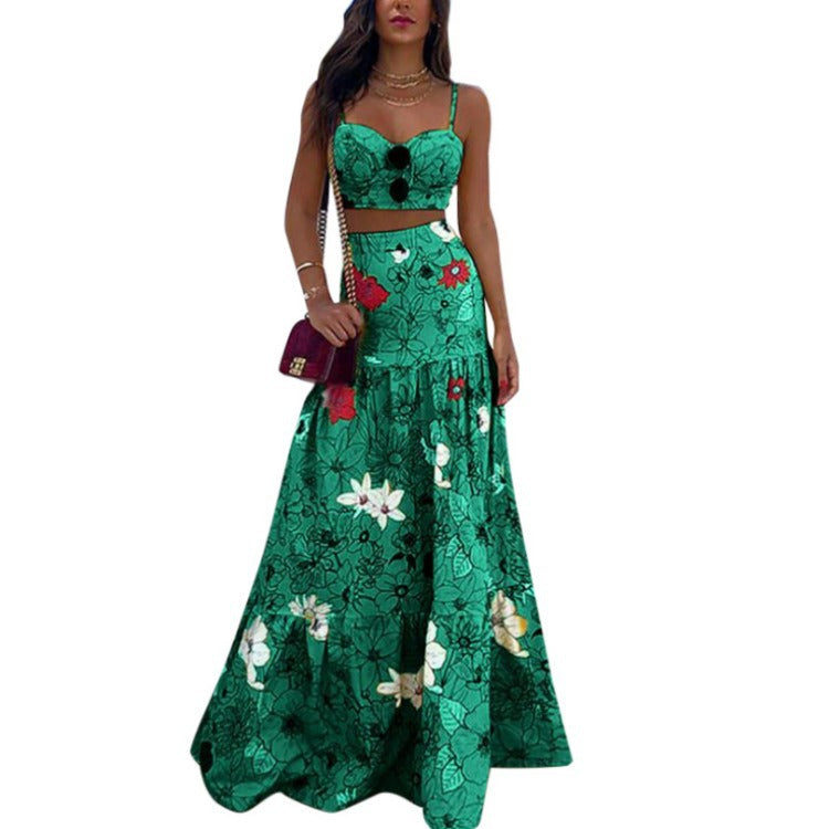 2025 spring/summer new european and american amazon aliexpress printed bandeau two-piece set with camisole and midi skirt