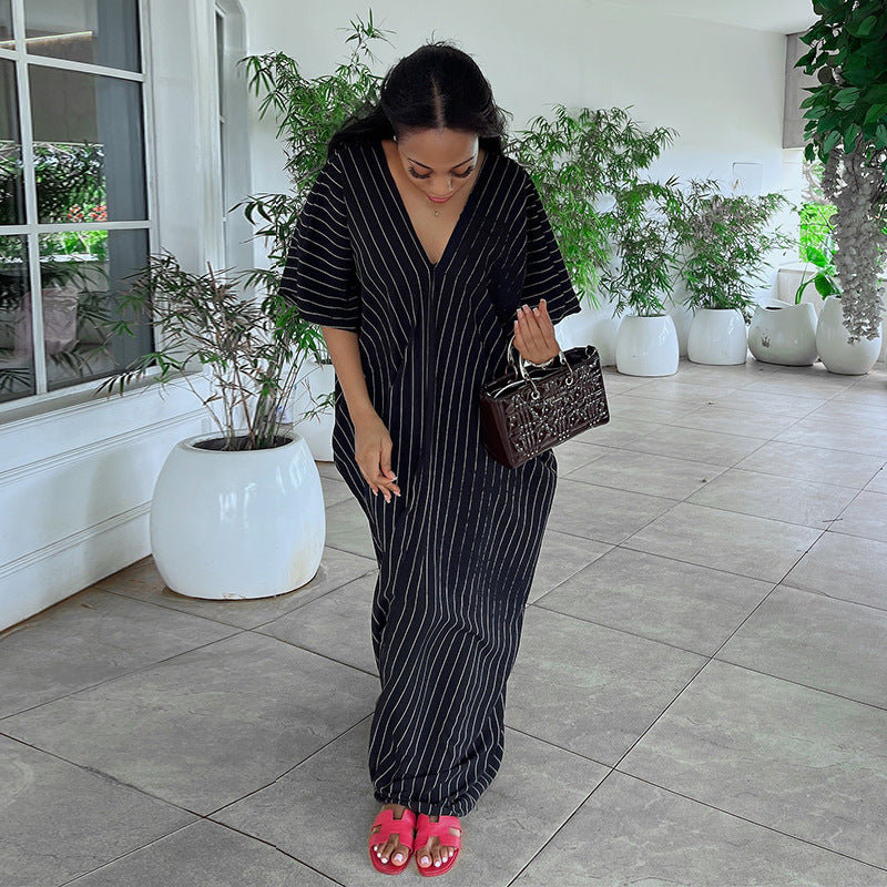 European and american women's clothing  autumn new sweet and fresh striped v-neck batwing sleeve loose waist maxi dress