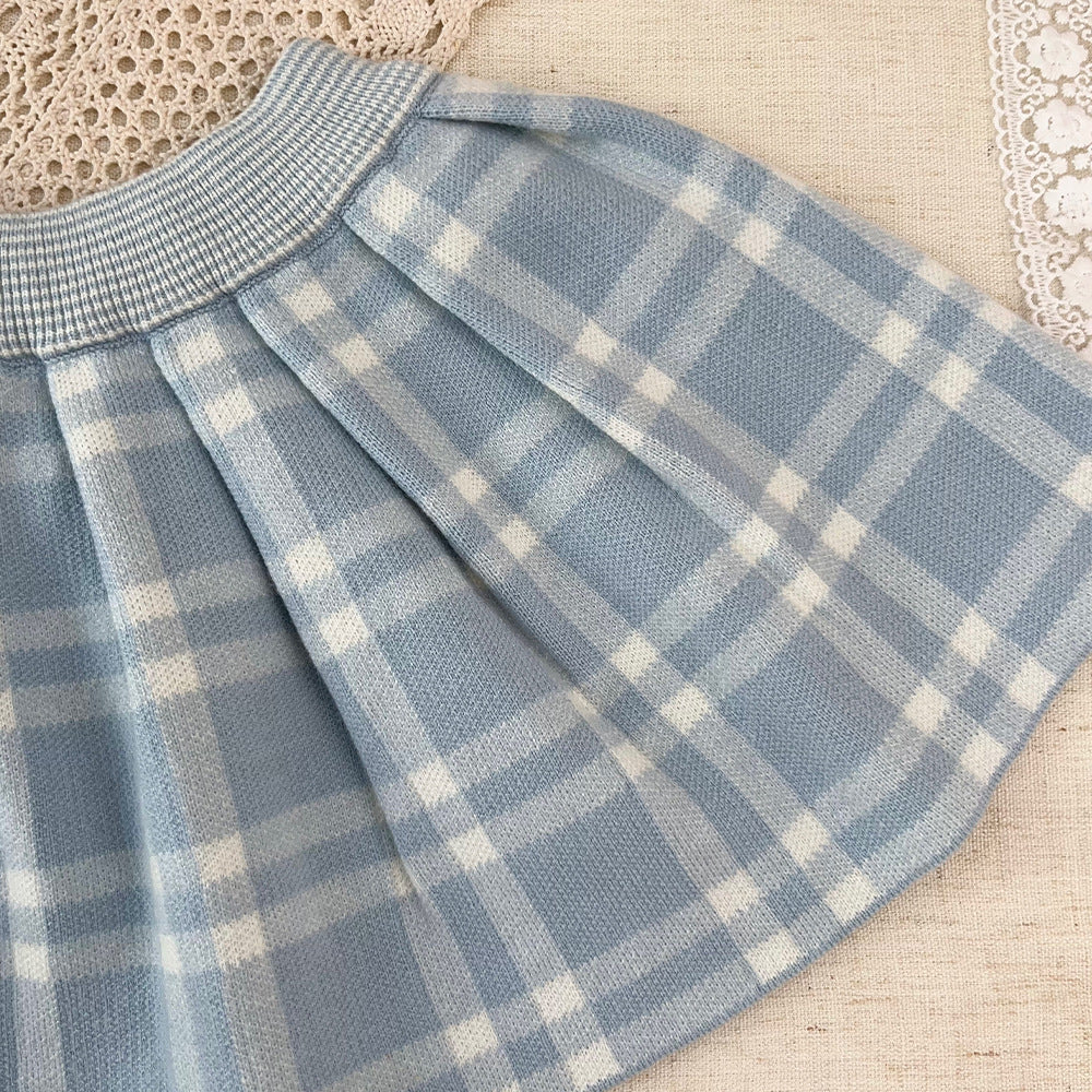 Spring autumnew arrivalgirlsweatersuitk-style baby girl round neck rhombus plaid pullover shirt plaid skirttwo-piece set