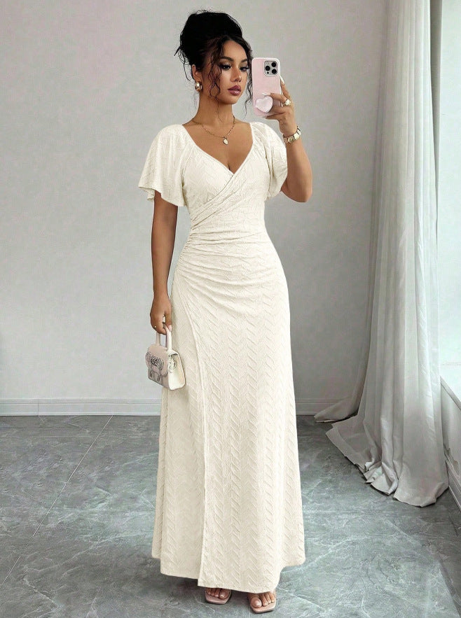 summer new arrival:  tume european and american v-neck drawstring tie sexy short-sleeve solid color dress