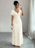 summer new arrival:  tume european and american v-neck drawstring tie sexy short-sleeve solid color dress