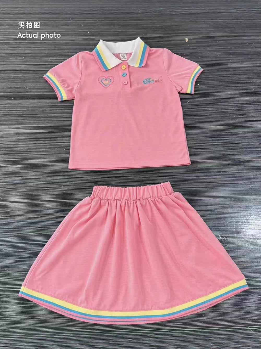 summer new arrival: girls' cute embroidered rainbow stripe collar polo dress two-piece outfit
