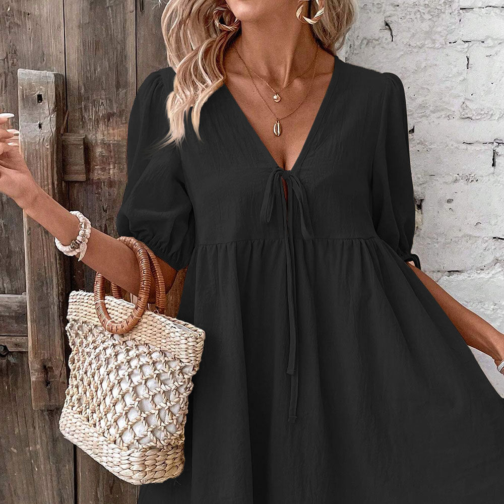 Amazon  european and american cross-border elegance loose woven deep v neck sense of design chest tie a swing dress