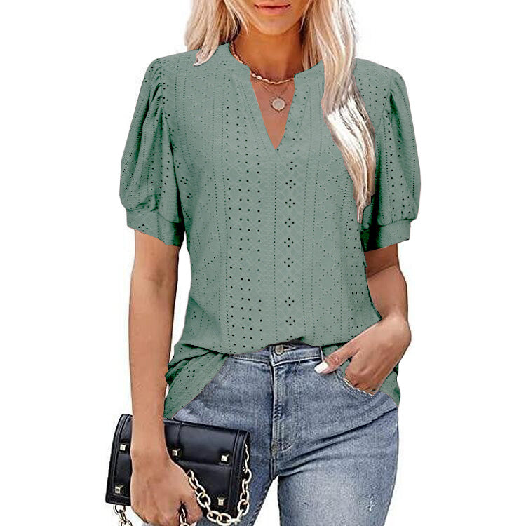 European and american cross-border e-commerce   spring/summer casual v-neck solid color cutout puff sleeve loose t-shirt