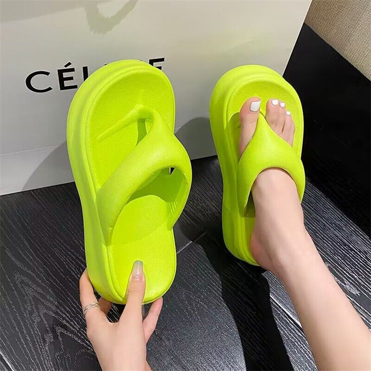 Summernew arrivalevathick sole flip-flops women's outwear height-increasing soft bottompure color flip-flops niche ins trend