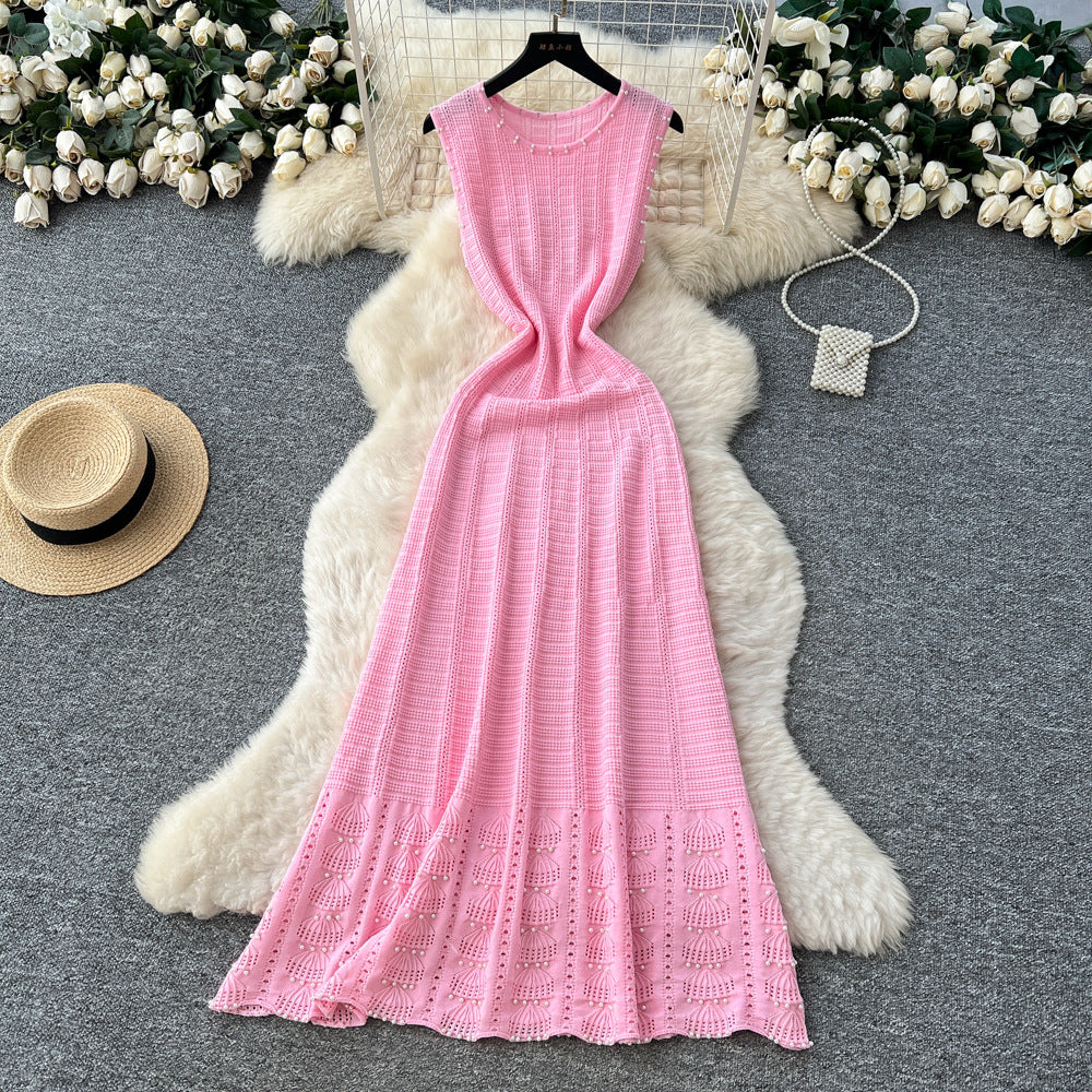 French chic high-end beaded sleeveless dress - women's slimming a-line knit maxi dress with round neck