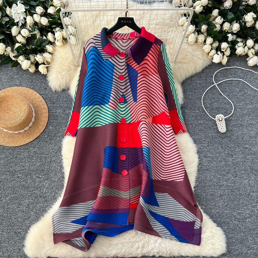 European and american style issey miyake pleated dress for women, autumn , vintage turn-down collar, long sleeve, loose a-line, printed pleated skirt