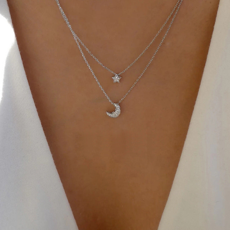 Star necklace wholesale fashion cross-border casual jewelry niche style full diamond multi-layer alloy moon jewelry women's sweater chain