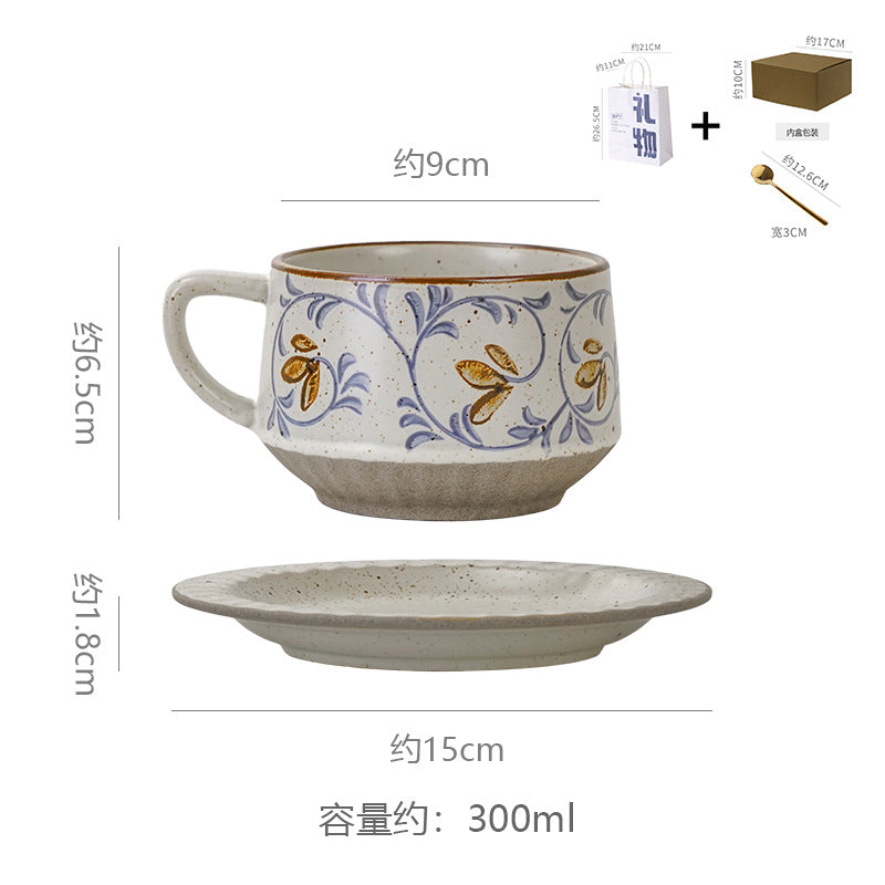 Vintage rustic pottery coffee cup and saucer set - hand-painted underglaze ceramic coffee cup - premium drinking cup - birthday & housewarming gift