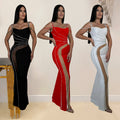 C7027 cross-border   independent station fashion women's hot diamond solid color mesh dress new