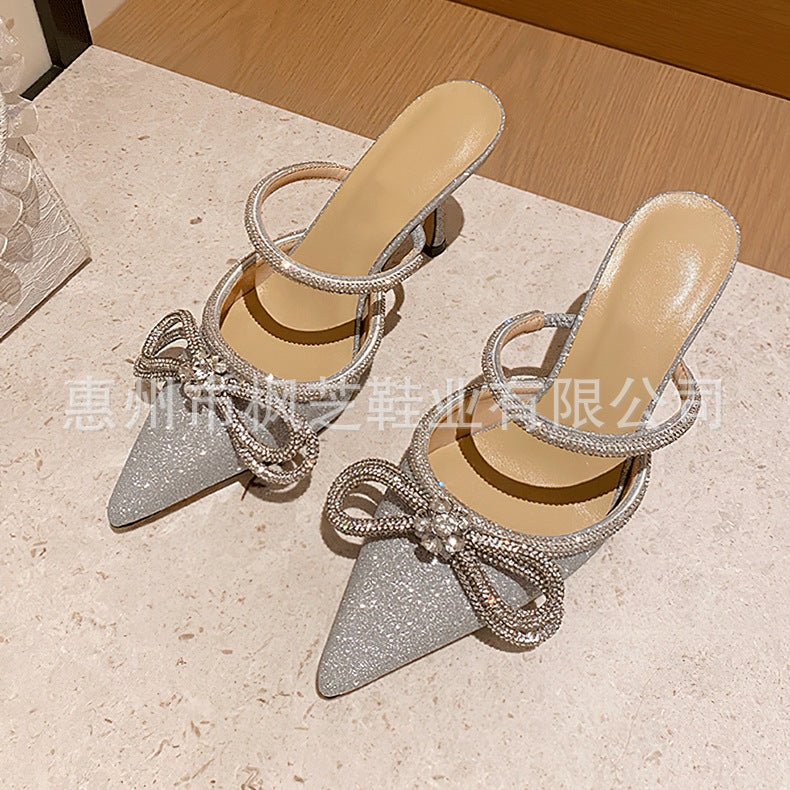 European and american style white label one-piece high-heeled slippers, stiletto heel, bow, rhinestone, cross-border half slippers, pointed toe, one-leg custom