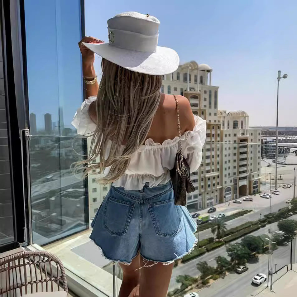 Export ripped denim shorts for women, hot-selling new arrival summer wide-leg fringed shorts, washed and worn jeans