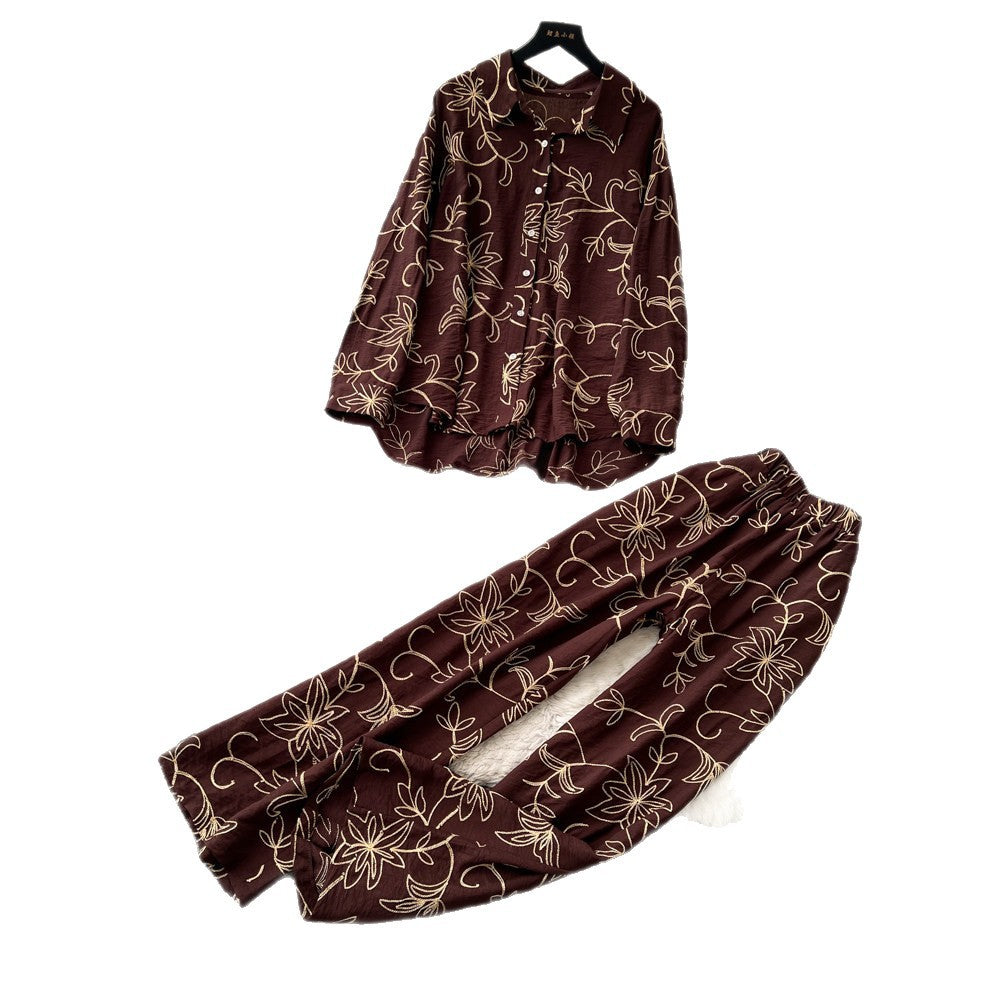 Light mature style leaf embroidercardiganloose pantstwo-piece set for women autumslimming lookeasiest for matchwork clothing stylesuit