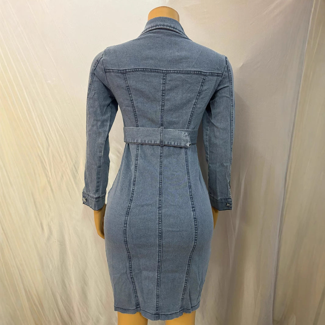 Cross-border Europe, America,  new women's clothing fashion lapel cardigan slim denim dress  wholesale women