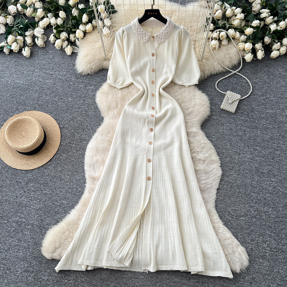 French chic knitted dress - women's summer single-breasted pleated design, elegant, unique, and sophisticated maxi dress