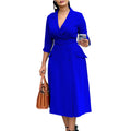 D3294export women's fashion elegant double-breasted suit collar pure colordress medium long cross-border dress