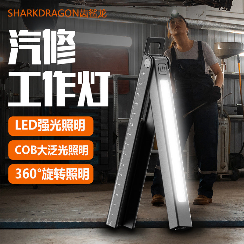 Cross-border new three-light source magnetic folding work light USB charging screen display with ruler LED maintenance flashlight