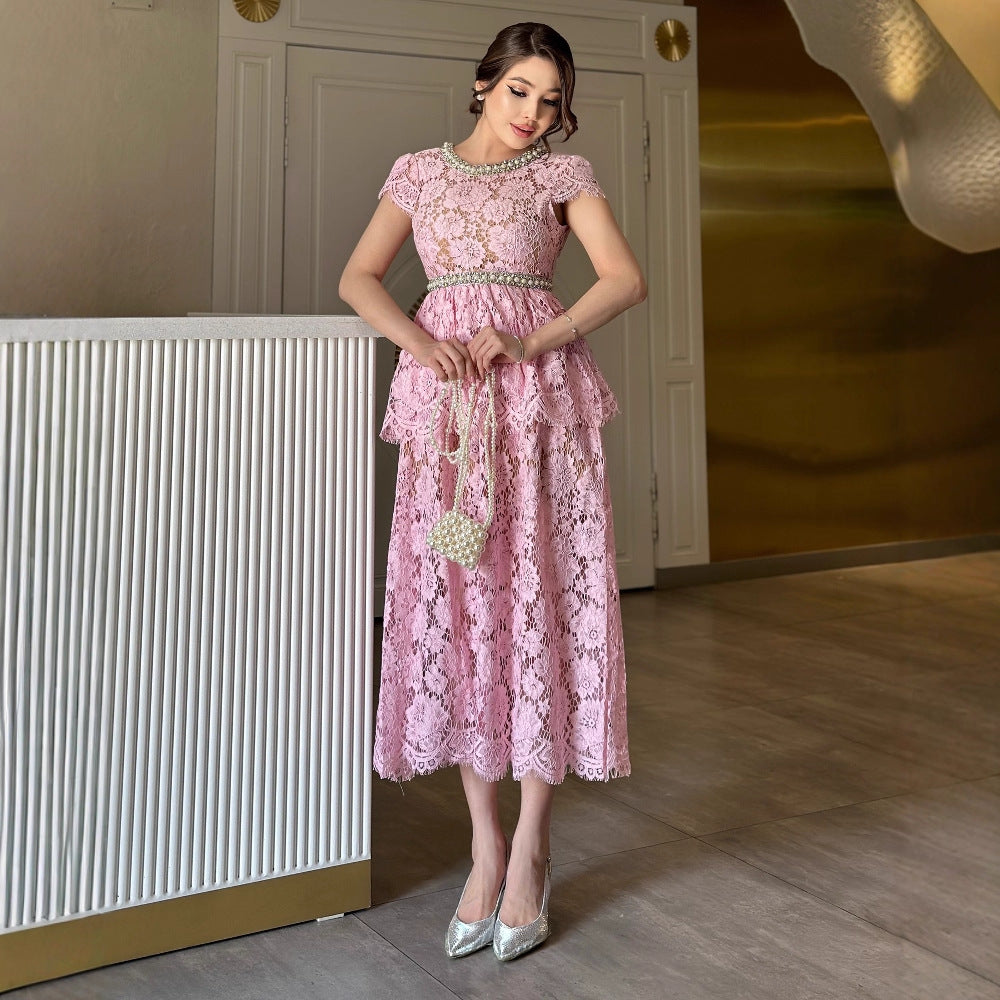 Frenchaccessible luxury celebrity heavy industry beading diamond round neck short sleeve waist lacedress women's slimming lookelegant long skirt