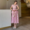 Frenchaccessible luxury celebrity heavy industry beading diamond round neck short sleeve waist lacedress women's slimming lookelegant long skirt