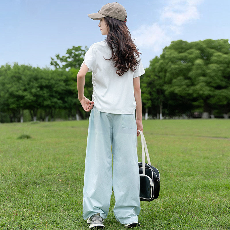 girls' short-sleeve wide-leg pant set: summer loose-fit, versatile, trendy, american-style, unique design two-piece outfit