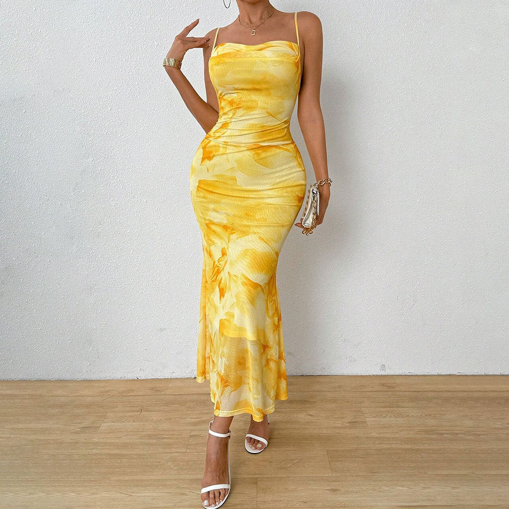 european and american  sexy bodycon camisole bandeau maxi dress - floral grey print high-waisted bodycon dress