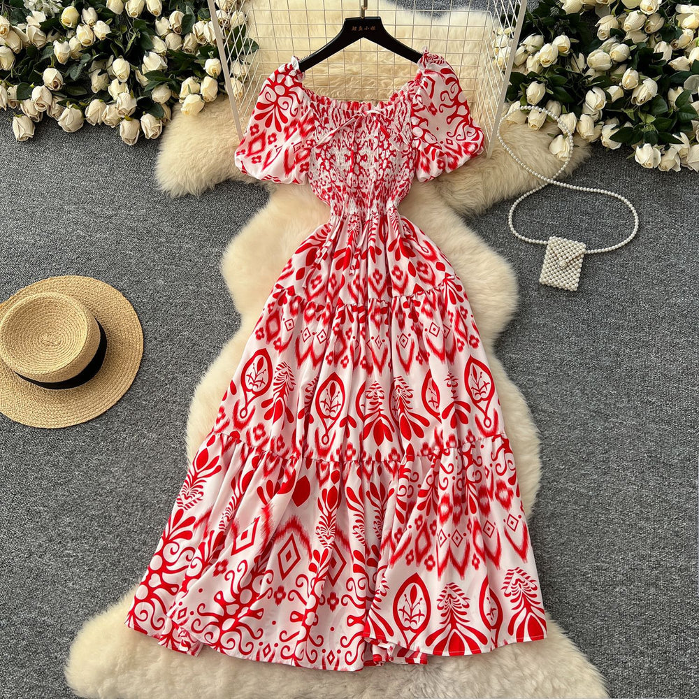 French retro square neck puff sleeve printed dress - women's  summer slimming a-line maxi dress