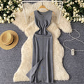 Sense of designfashion round neck sleeveless dress women's summer thin silmslimming look slit hip-covering knitting skirt long skirt