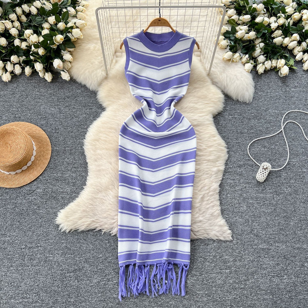 Goddess style elegantsilm round neck sleeveless color block stripesknittingdress women's summer tight hip tassel skirt