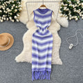 Goddess style elegantsilm round neck sleeveless color block stripesknittingdress women's summer tight hip tassel skirt