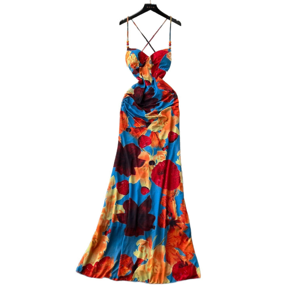 French-inspired, subtly sexy, open-back camisole dress with ruched waist, figure-flattering silhouette, and printed design – perfect for a vacation getaway