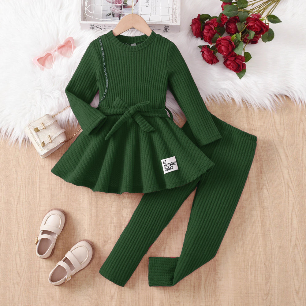 girls' autumn outfit: green ruffle skirt top and pants set - perfect for autumn loungewear or playtime