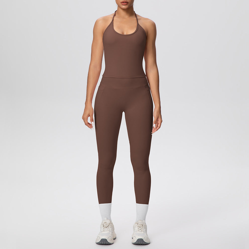 pure color brushed beautiful back tight strap halterflap pocket pants yoga suit sports running fitness two-piece set