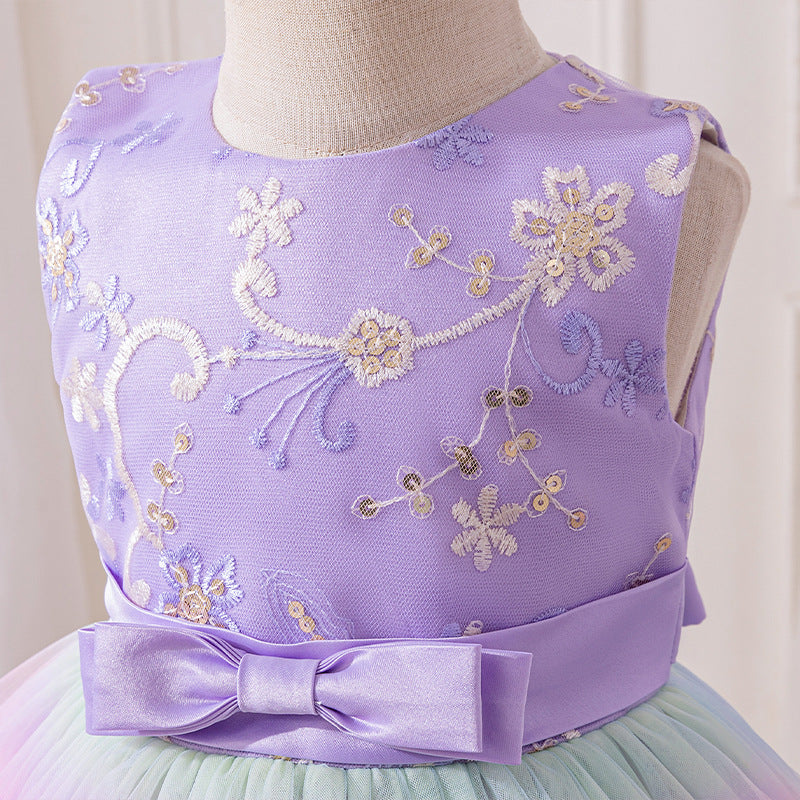 European and american new princess dress mesh print rainbow floral girl's wedding dress party baby's first birthday christening gown