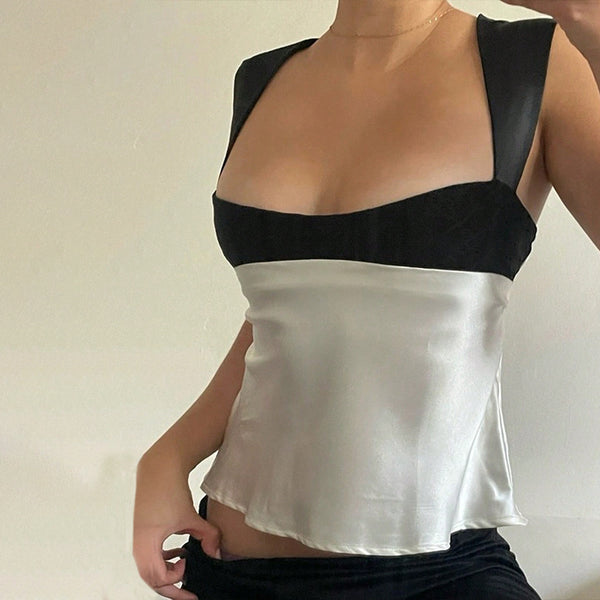 women's clothing niche design vest autumn and winter new short contrasting satin suspender top