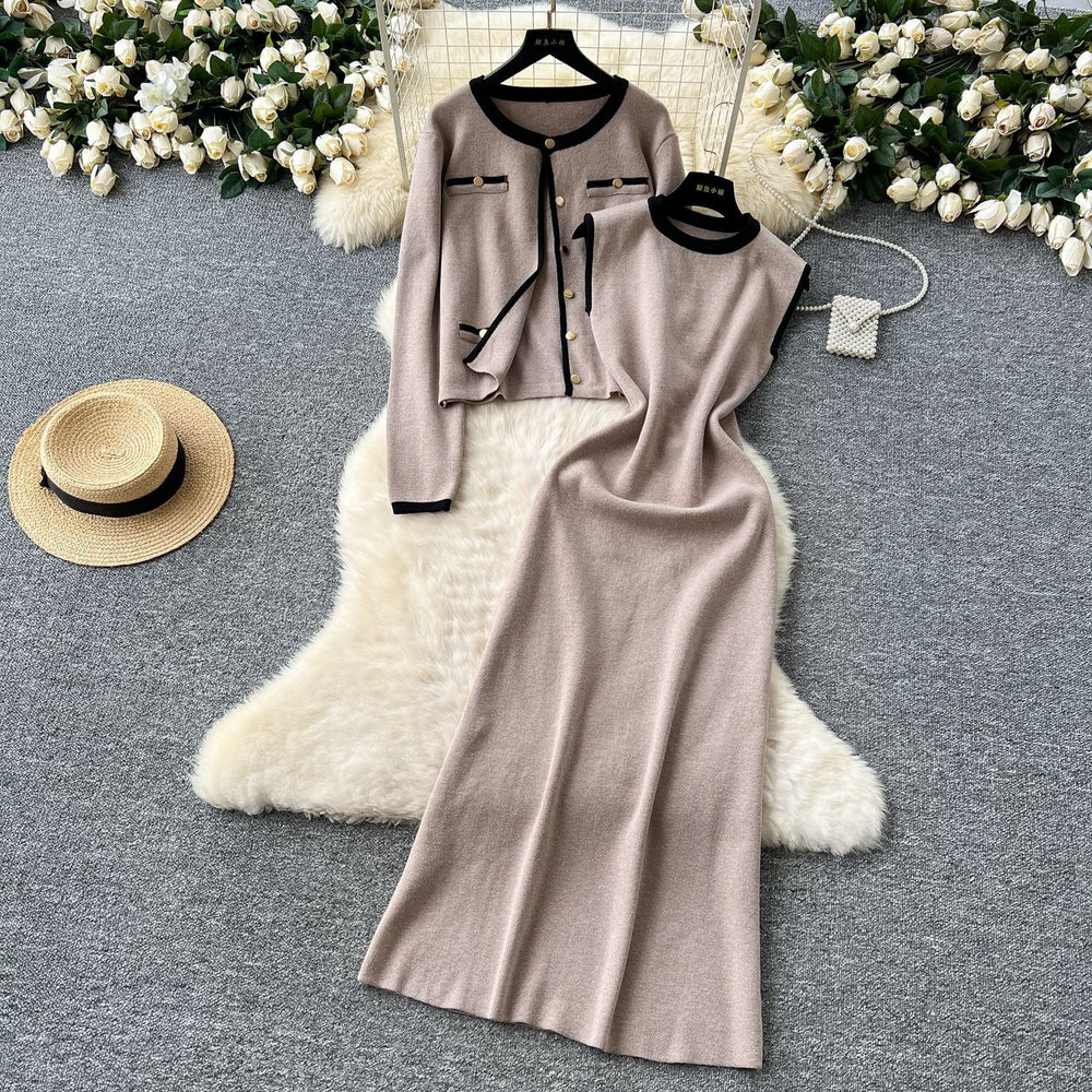 Xiaoxiangfengtwo-piece set women's fall and winterclassyeasiest for match round neck knittingcardiganoutwear + sleeveless vest dress