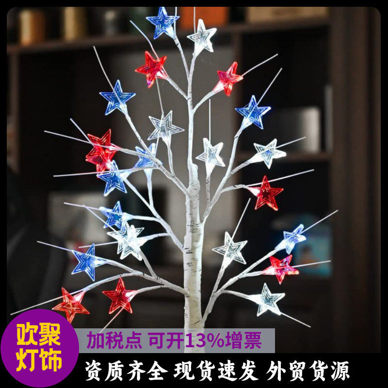 Independence Day Tree Light 24led Battery Box Birch Decorative Light Red White Blue Flag Star Light Branch Light