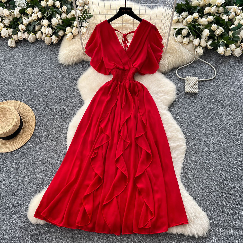 Summer women's niche design criss-cross v-neck flutter sleeve cinched waist chiffon dress - ethereal ruffle maxi dress