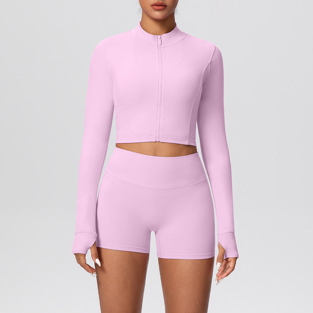 High-waisted, butt-lifting, form-fitting athletic shorts with a zip-up outer layer – a barely-there, casual running and fitness outfit set, perfect for yoga