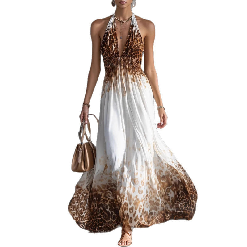 Amazon european style elegant casual leopard print halter sleeveless summer dress - new arrival