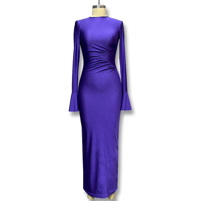 solid color crew neck right angle shoulder flared sleeve ruched bodycon mini dress -  international trade